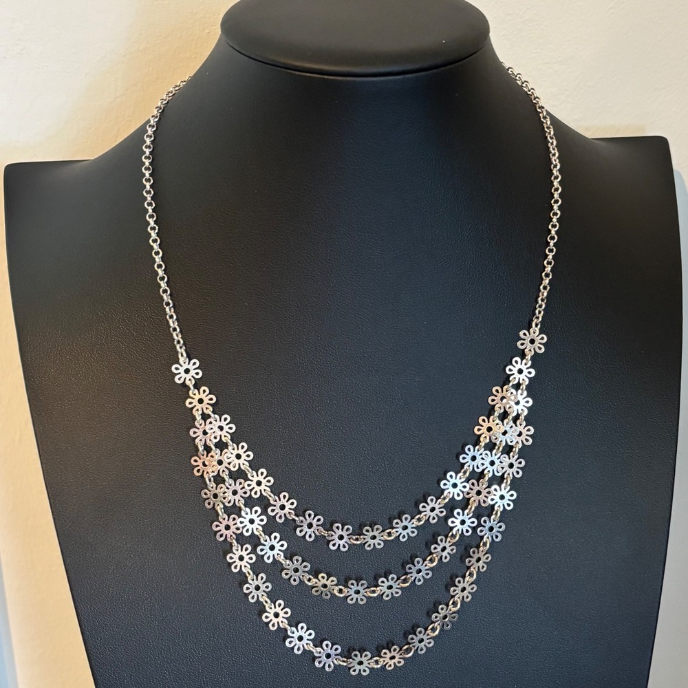 Sterling Silver Necklace Italy Triple Festoon Floral Motif Signed MWS 18 inches